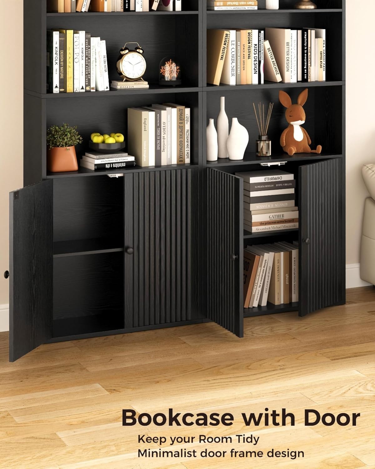 6-Tier Tall Bookshelf with Doors, Space-Saving Storage & Cabinet, Black