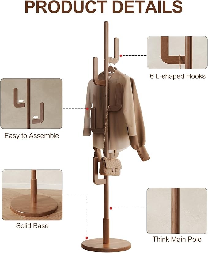 Walnut Wooden Coat Rack Stand | Modern Cactus Design Hall Tree with 6 Hooks