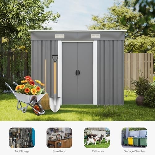 8x4FT Metal Garden Shed Lockable Tool Storage House Grey