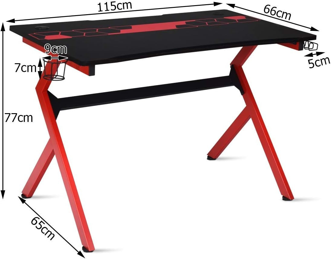 R-Shaped Gaming Desk with Cup Holder & Hook 115cm Carbon Fibre PC Table