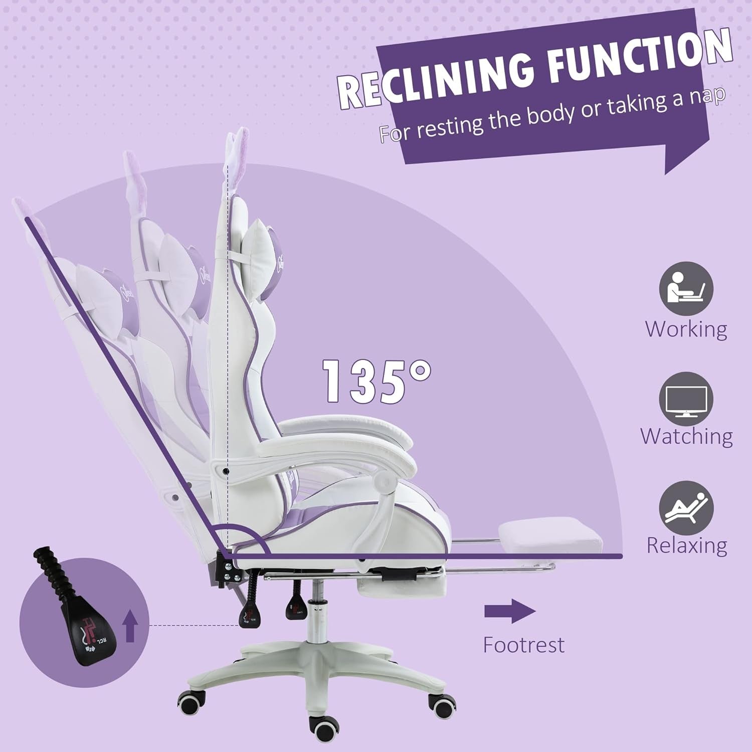 Reclining Gaming Chair w/ Footrest Bunny Ears PU Leather