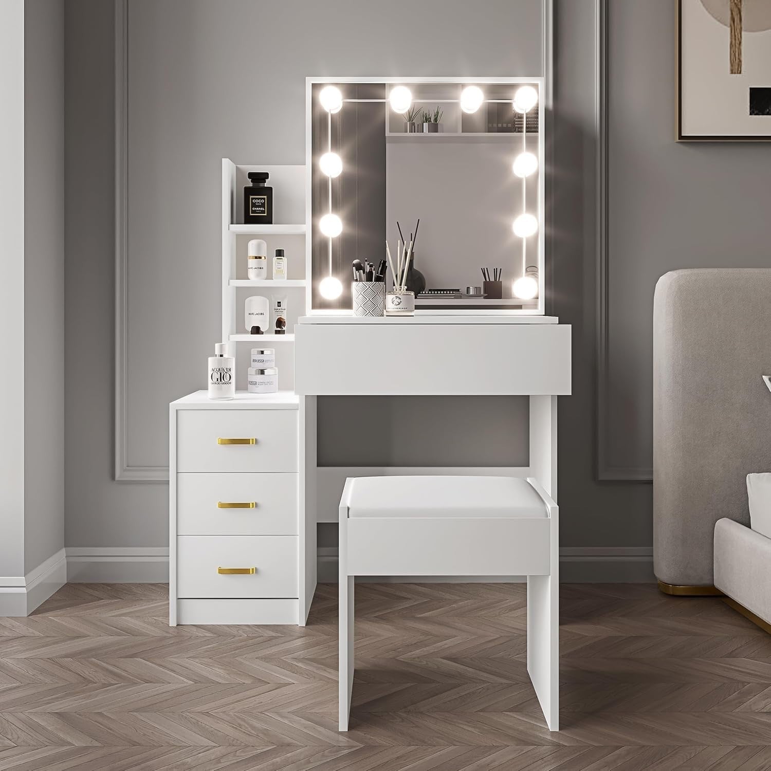 White Dressing Table Set w/LED Mirror Lights 3 Drawers Open Storage Modern