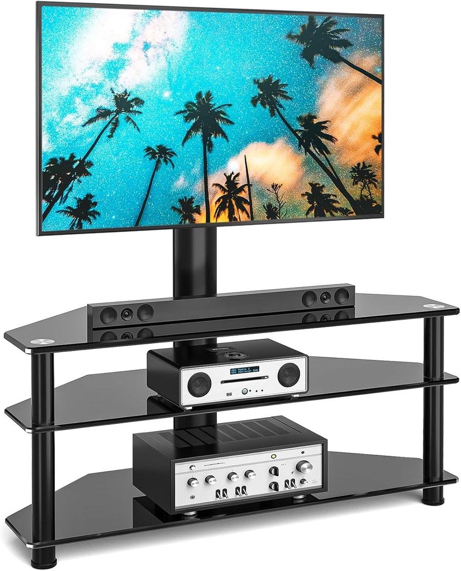 Adjustable Corner TV Stand for 32-70" TVs | Swivel, Tempered Glass Shelves