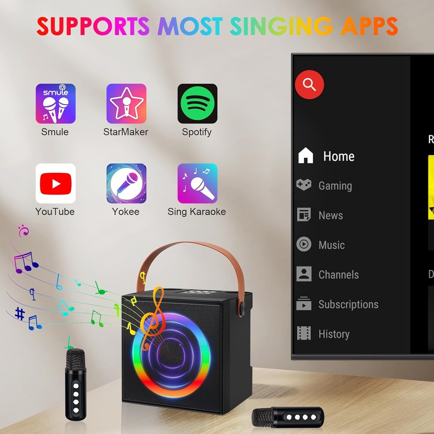 Mini Bluetooth Karaoke Machine 2 Wireless Mics LED Speaker