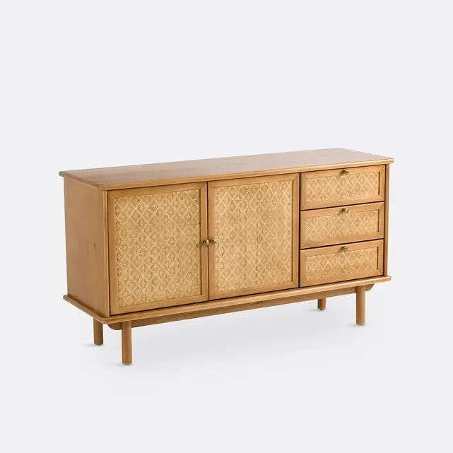 Pine Cane Sideboard Cabinet with Braided Doors & Storage Drawers