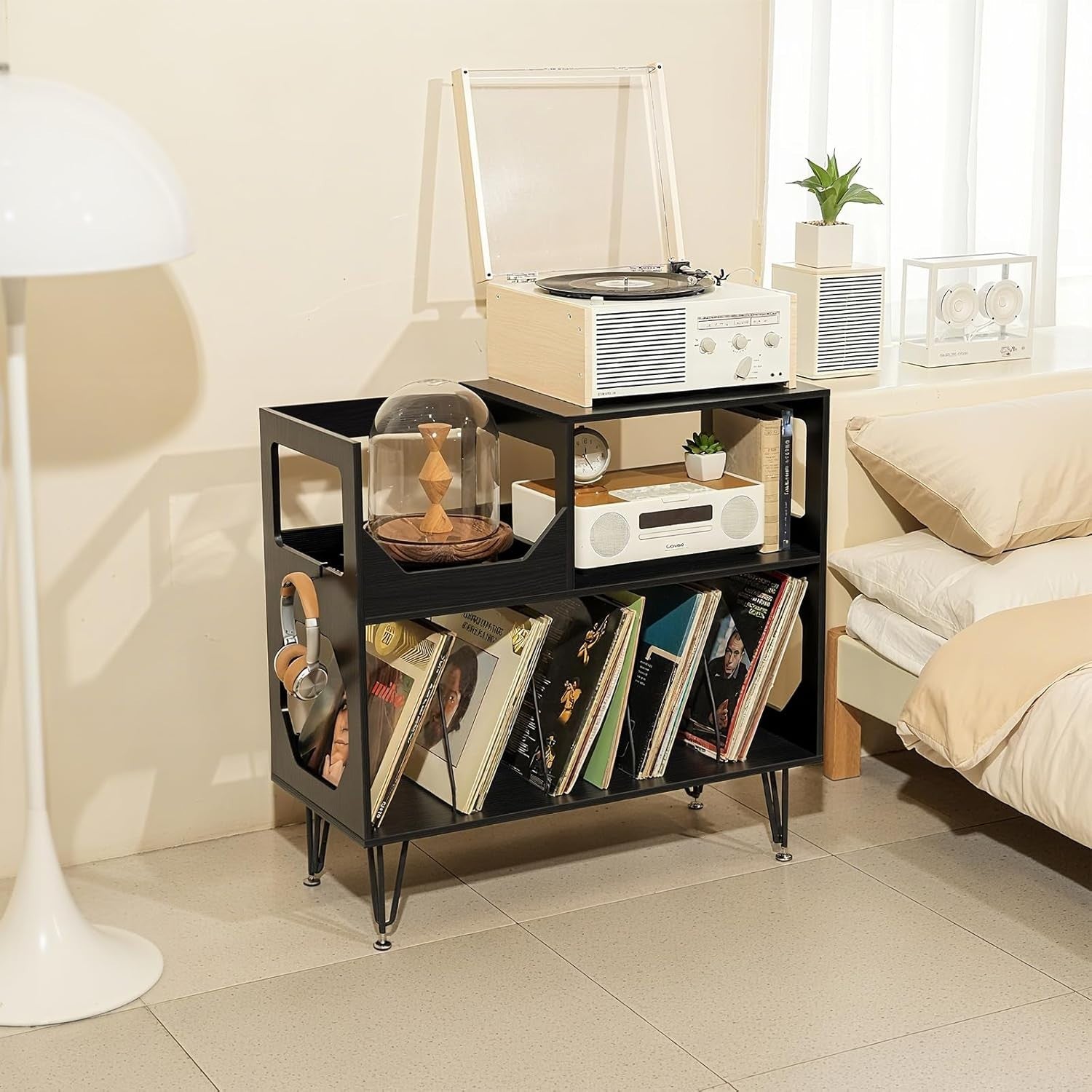 Large Record Player Stand Vinyl Storage Cabinet Holds 370 Albums Black