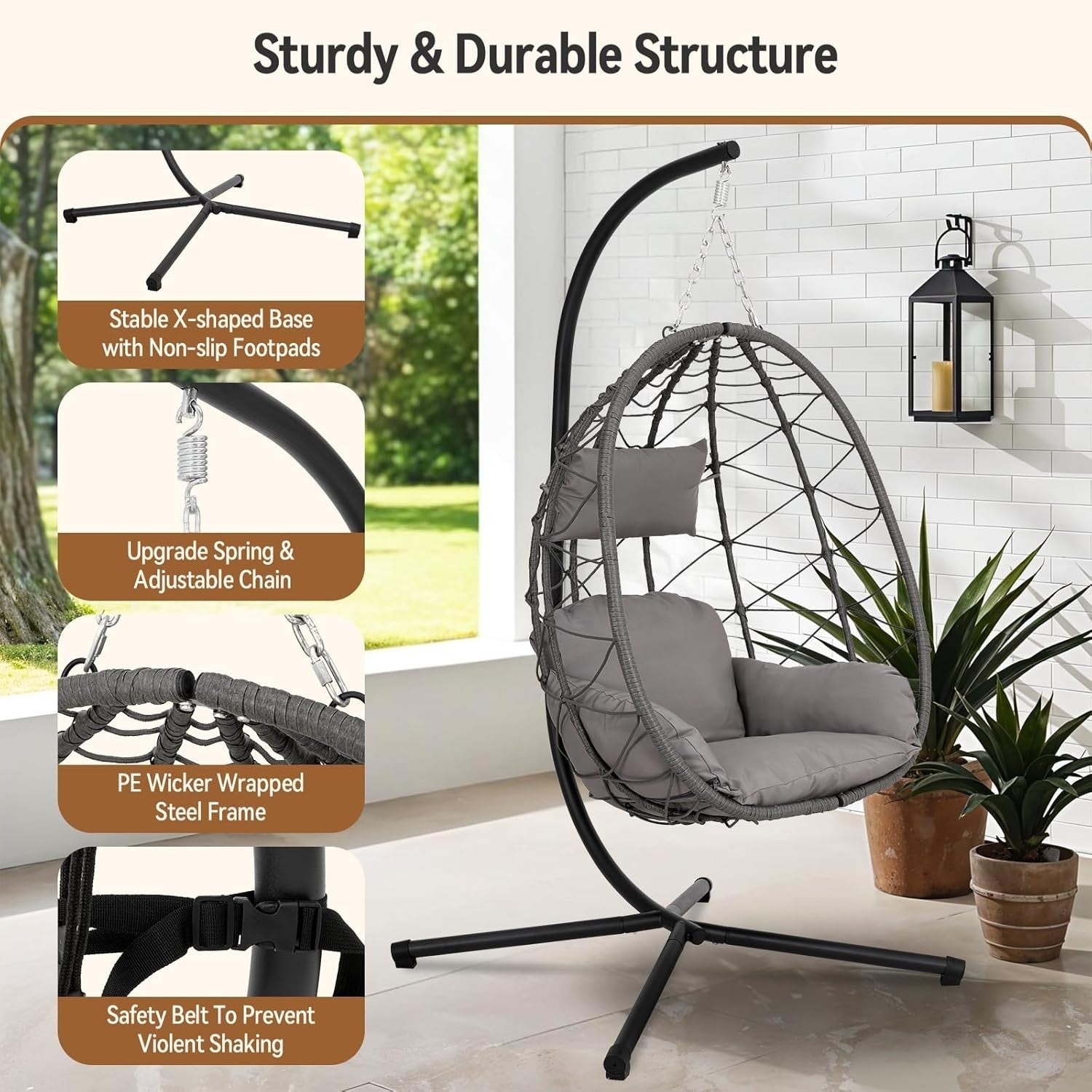 Hanging Egg Chair with Stand Cushioned Rattan Swing Seat for Garden Balcony