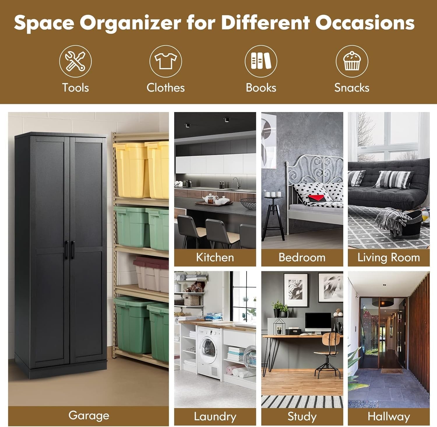 Tall Black Storage Cabinet 2 Door Cupboard Adjustable Shelves Home Unit