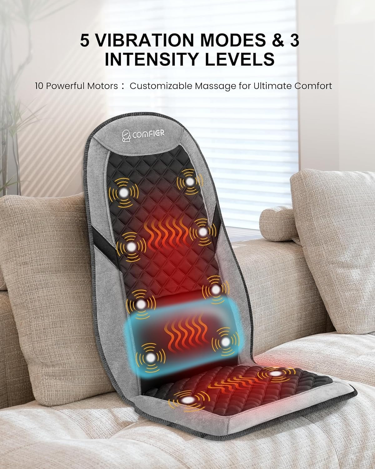 Vibration Back Massager Heat Lumbar Support 10-Motor Chair Pad Pain Relief