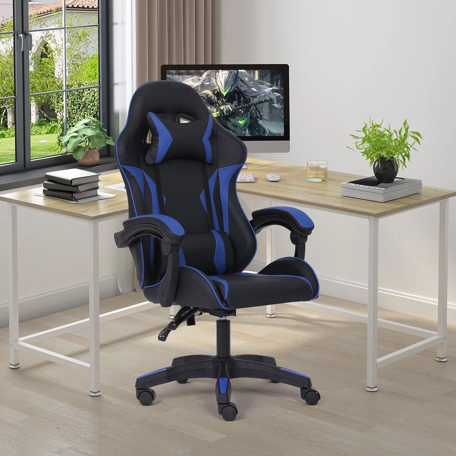 Ergonomic Gaming Chair w/ Lumbar Support Headrest Swivel Blue