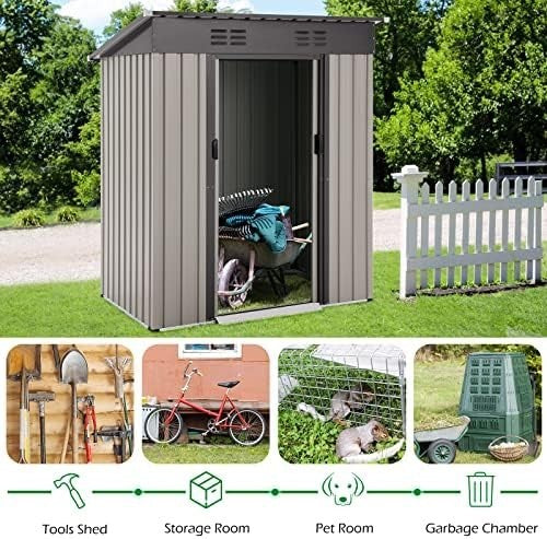 3x5ft Metal Garden Storage Shed Grey Outdoor Tool Bike Box Sliding Door