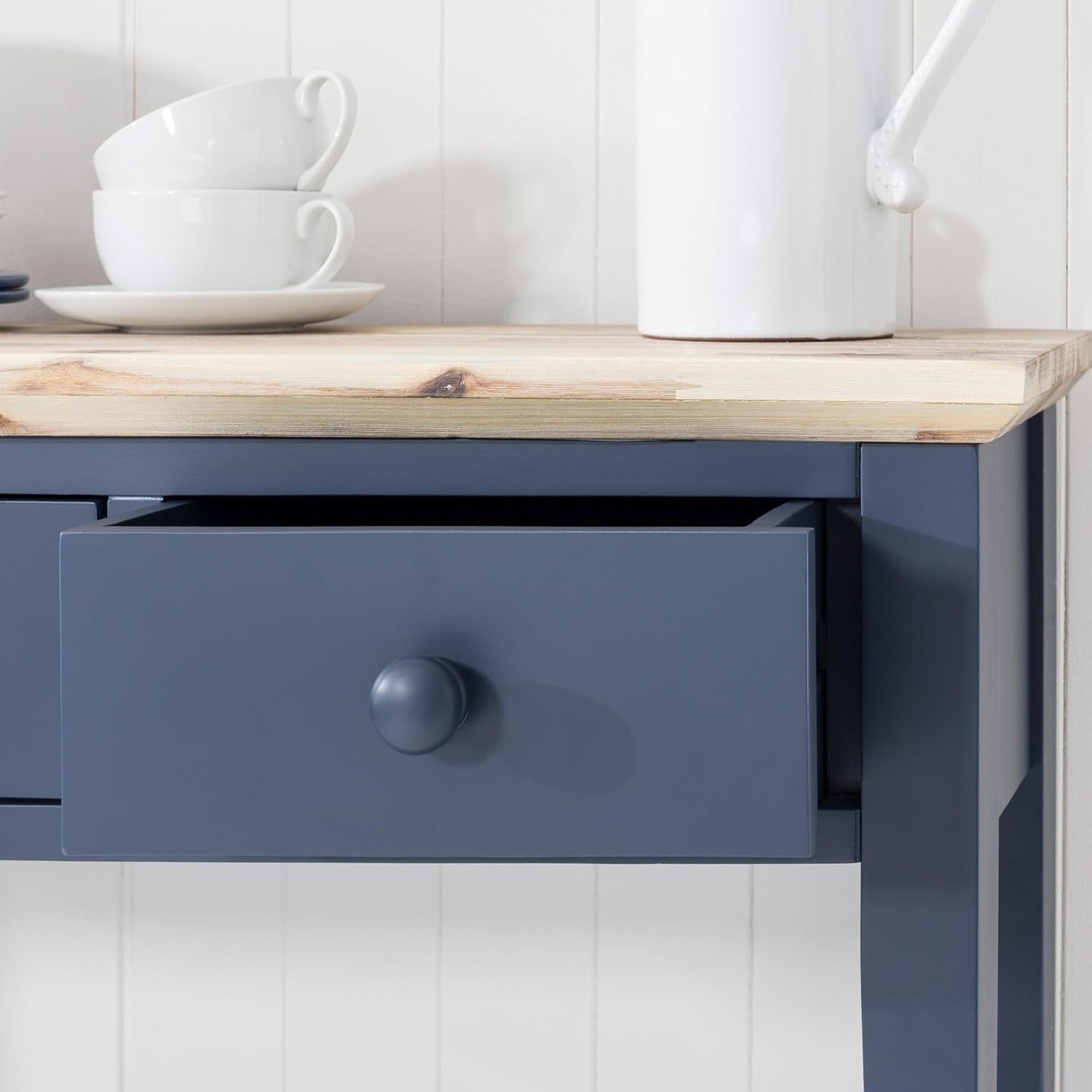 Navy Blue Console Table with Drawers & Shelf, Acacia Top, 143cm Wide