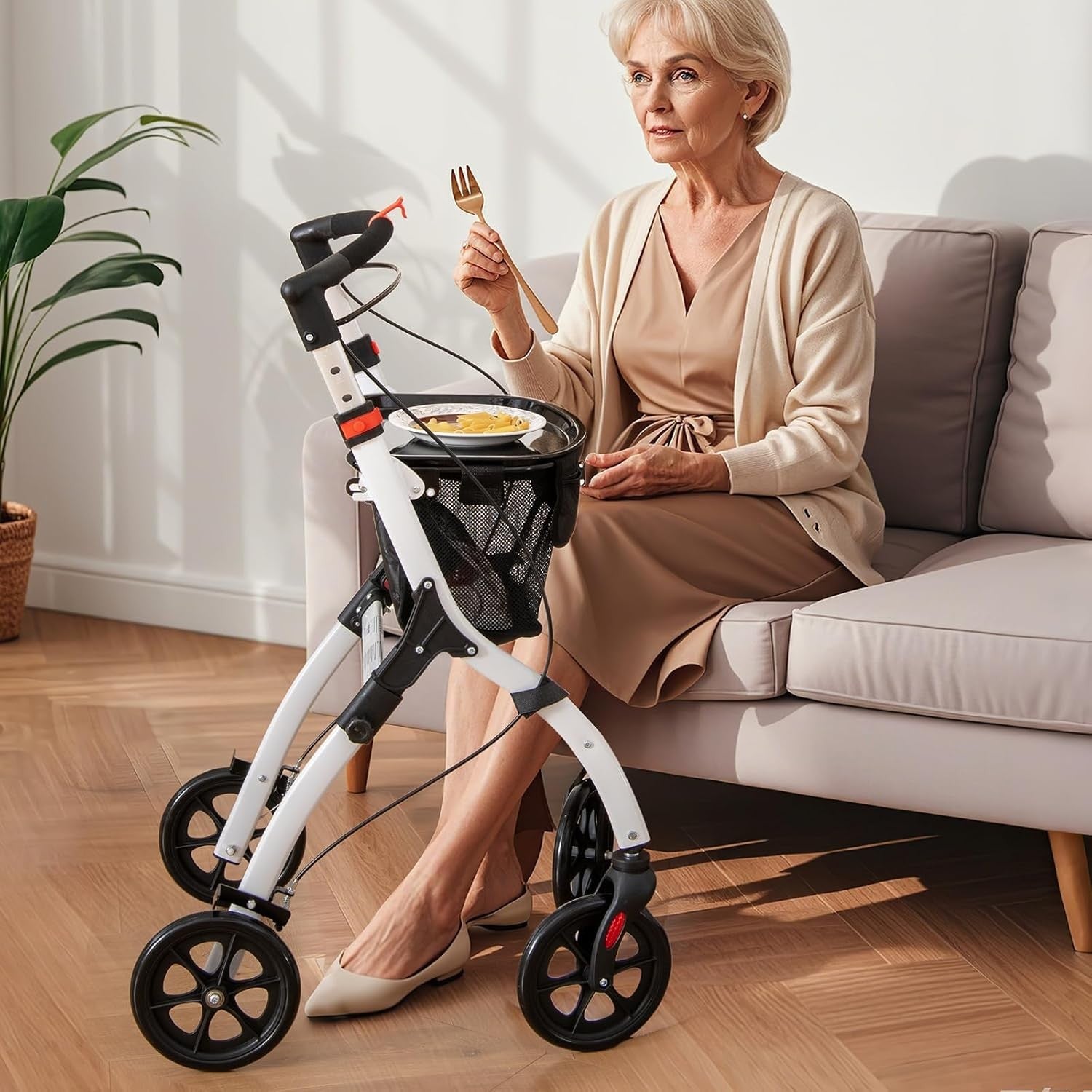 Lightweight Folding Rollator Walker 4 Wheel Basket Brakes Narrow White