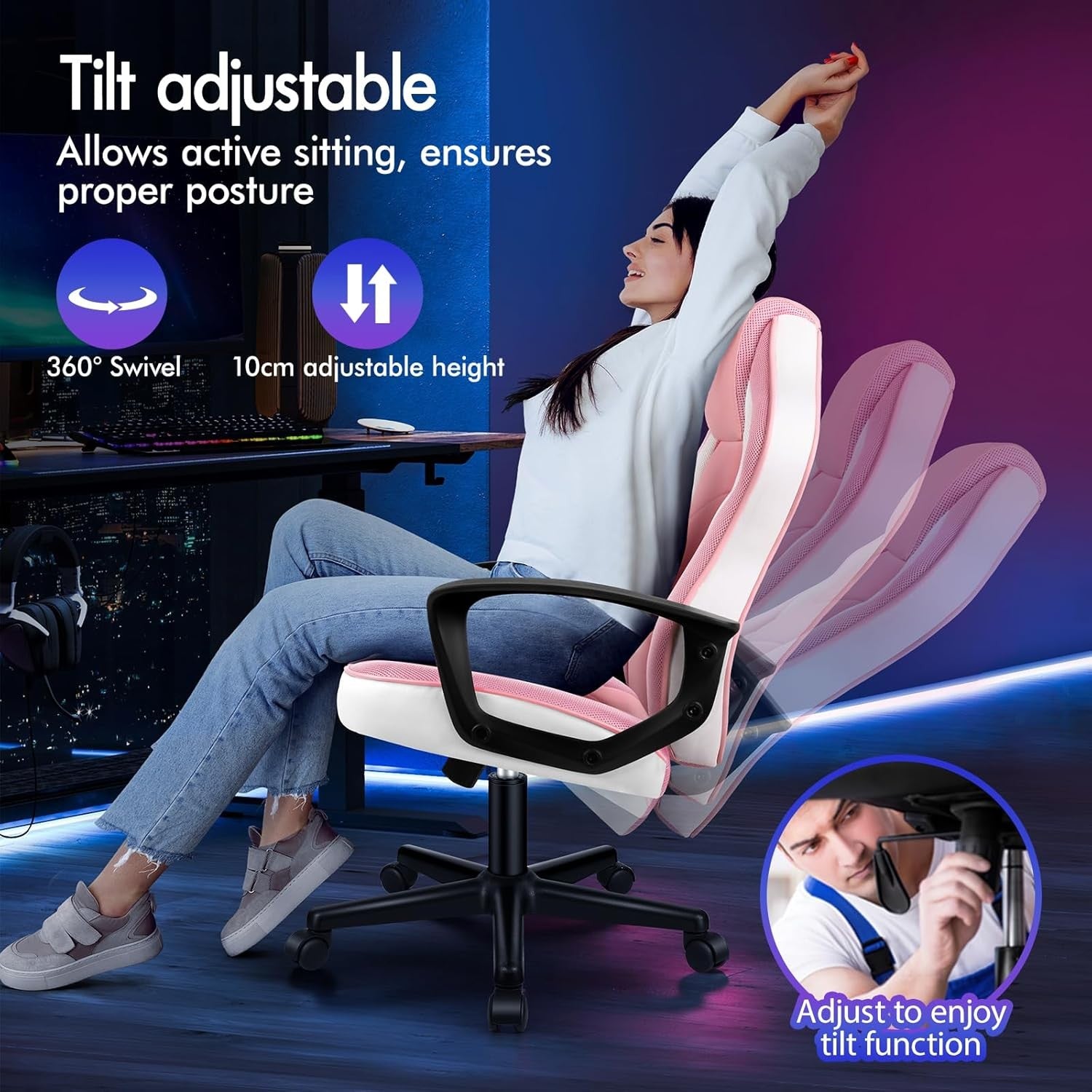Ergonomic Gaming Chair Pink Racing Style Mesh PU Swivel
