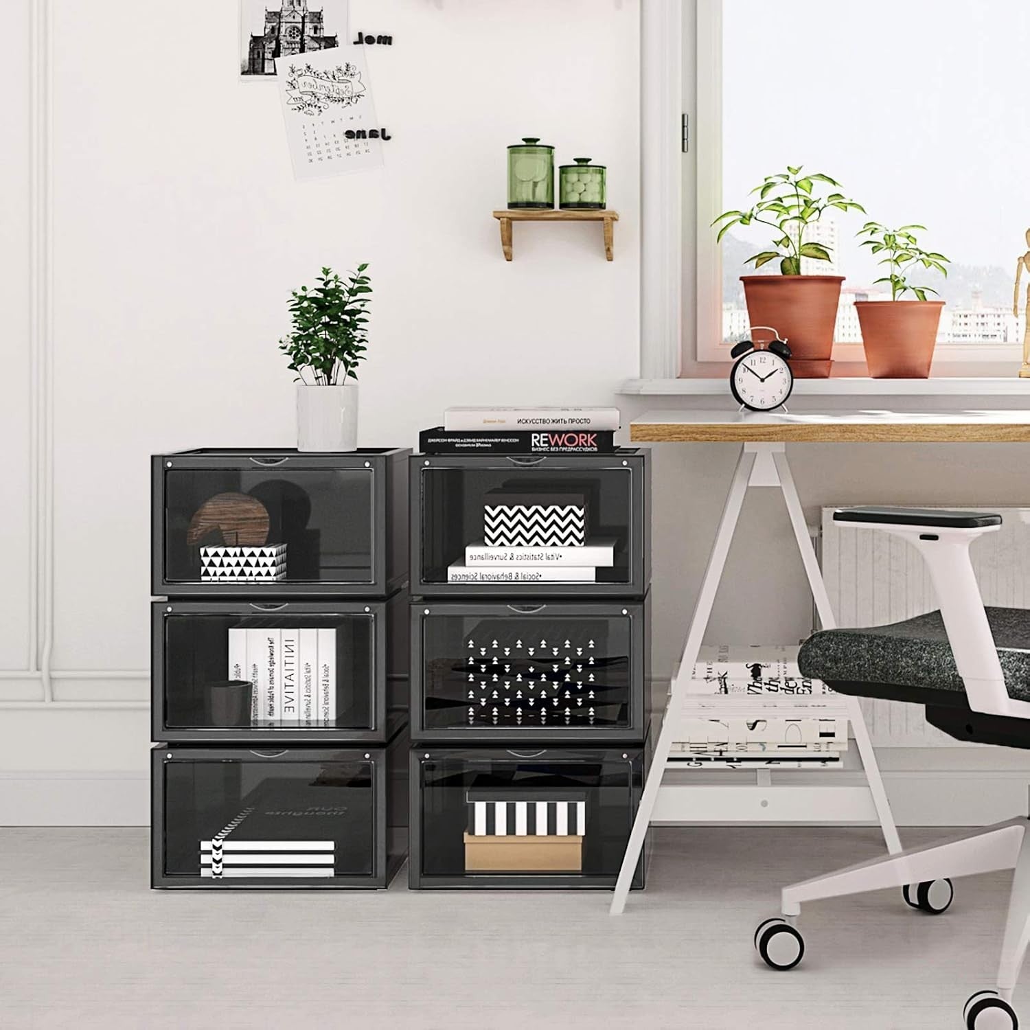 Set of 6 Stackable Shoe Boxes with Doors, Large Clear Plastic Storage.