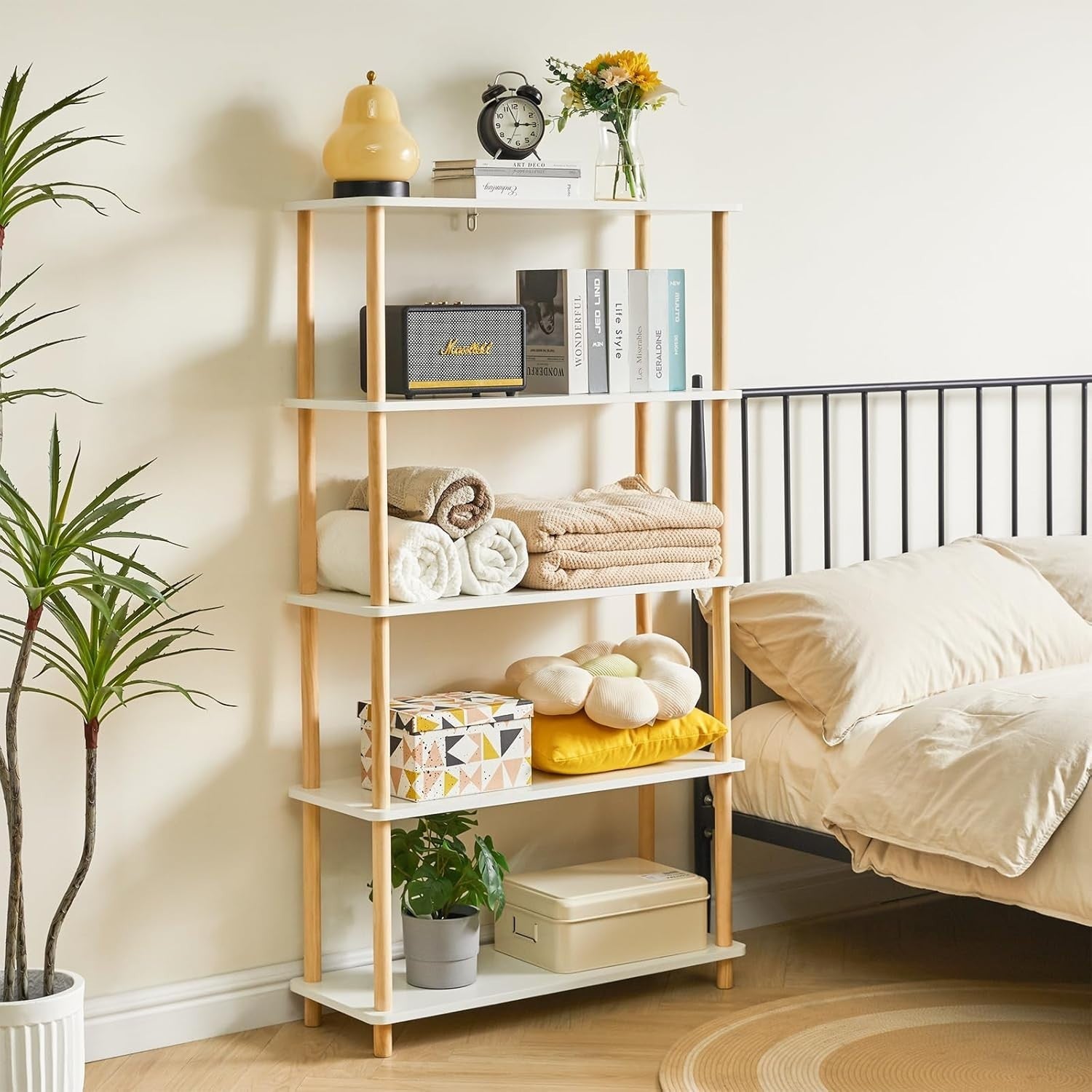 5 Tier Wooden Bookcase White Beech Legs Freestanding Storage Shelf 141cm