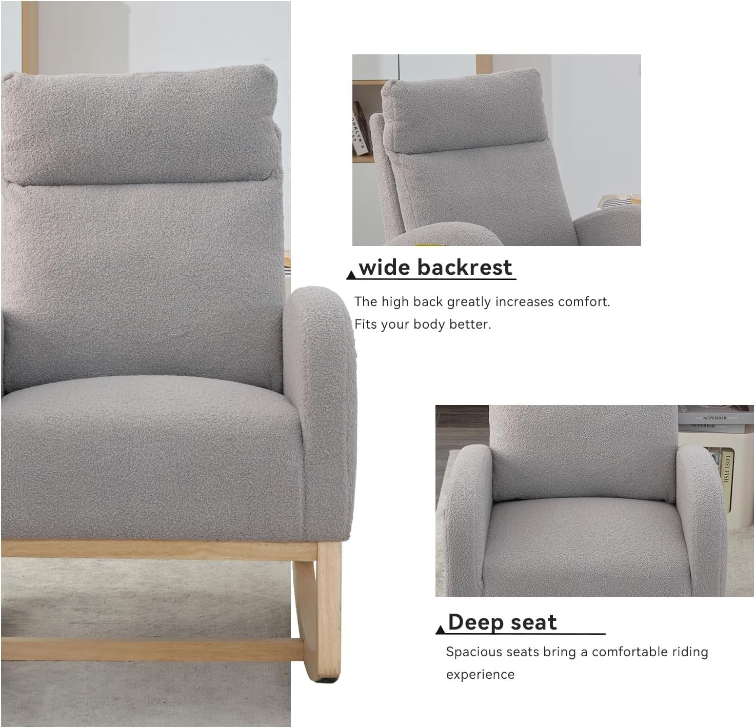 Nursery Rocking Chair for Adults High Back Boucle Armchair Glider Comfy
