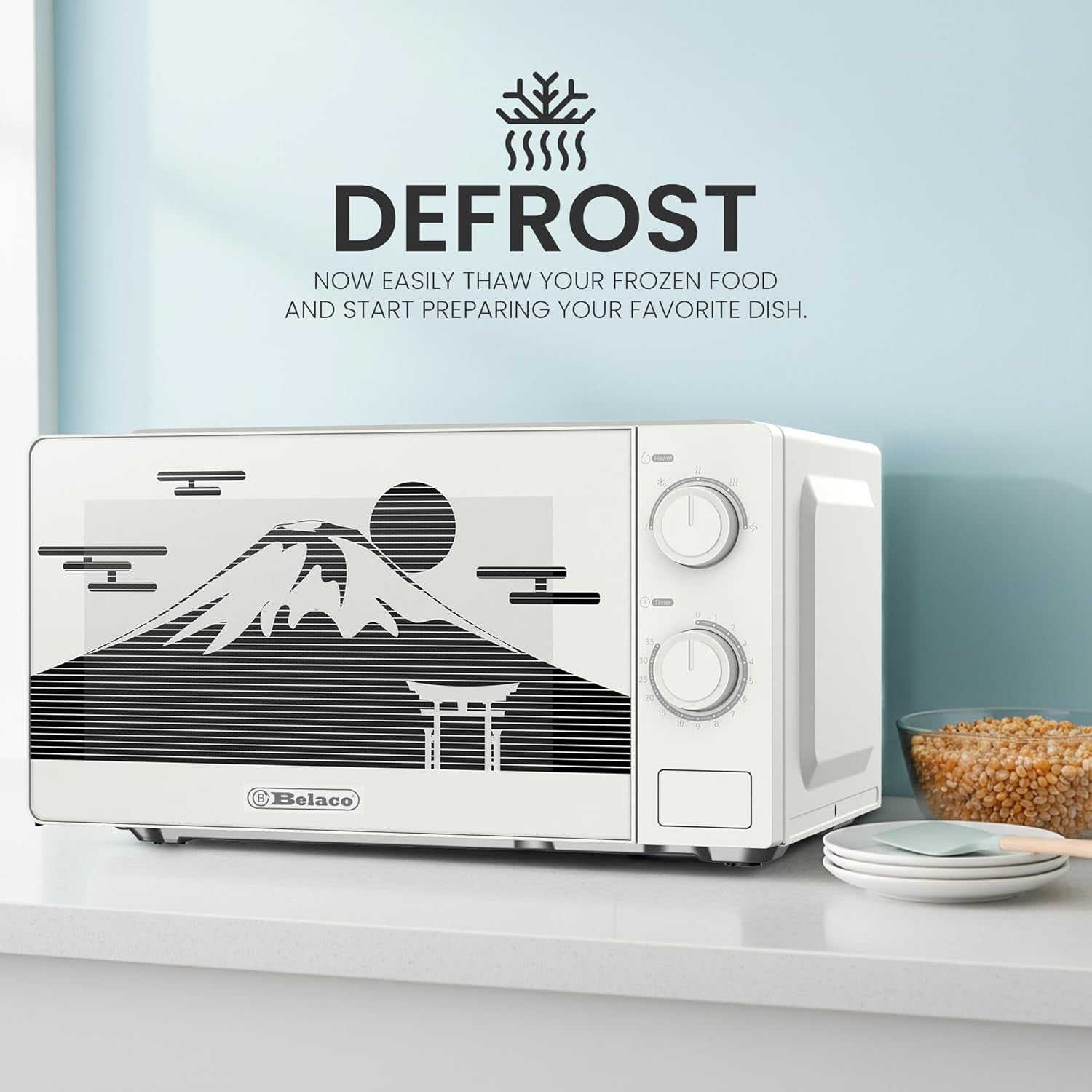 20L Solo Microwave Oven – Retro Mountain Fuji Design, White & Black