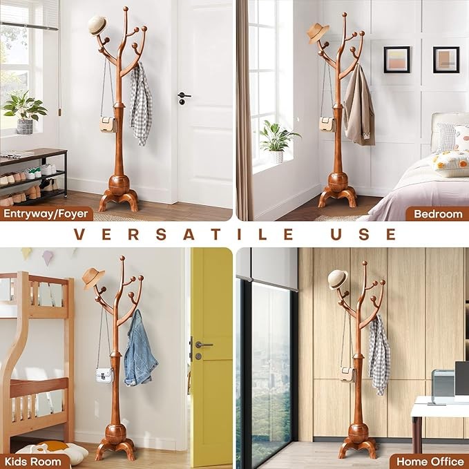 Solid Wood Coat Rack 180cm Tree Design Stand with 8 Hooks Light Brown