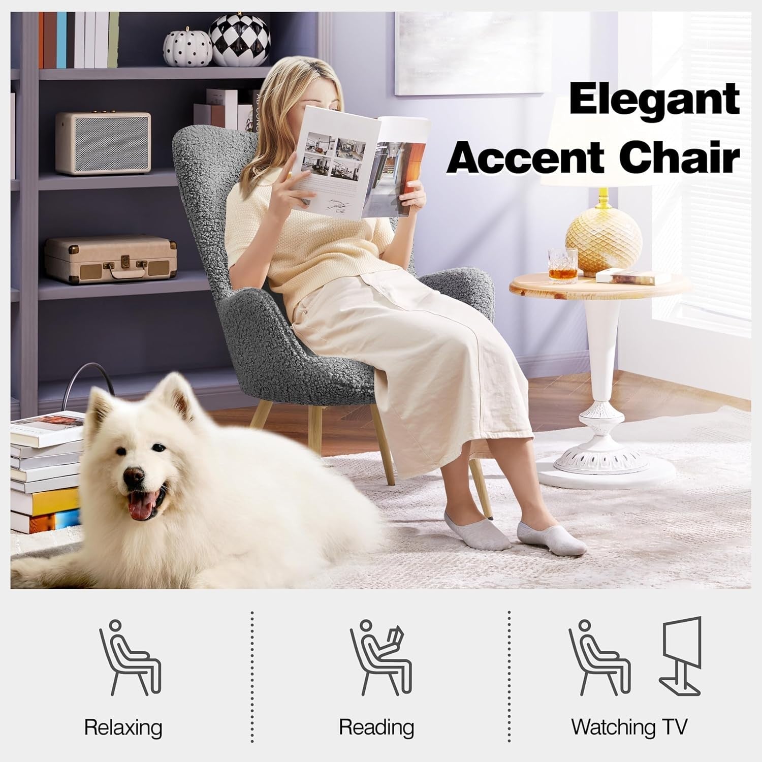 Cozy Sherpa Fuzzy Tub Chair with Folding Backrest & Wooden Legs, Grey