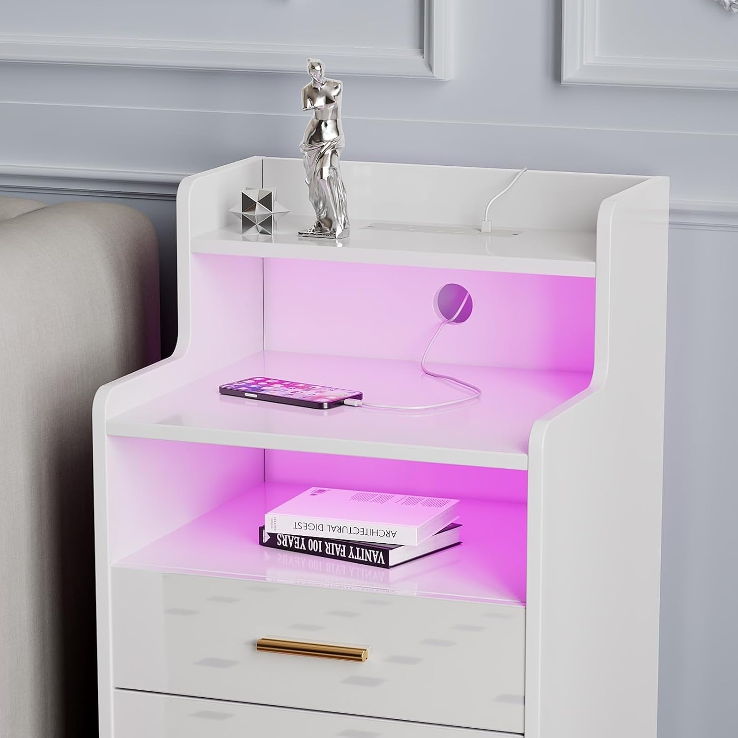 White LED Bedside Table with Power Socket, RGB Lights & 3 Drawers