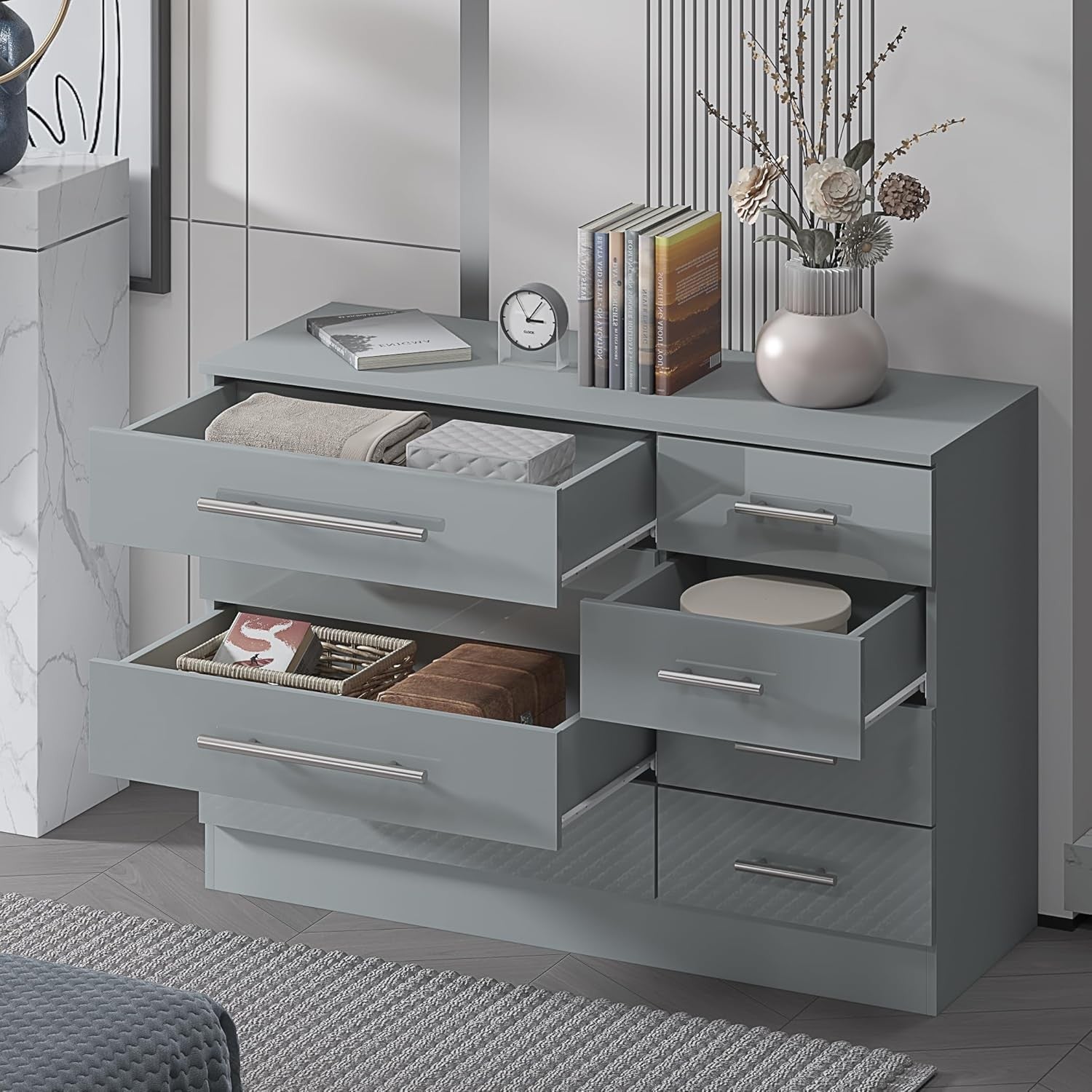 8 Drawer Grey High Gloss Chest of Drawers Modern Bedroom Storage Cabinet