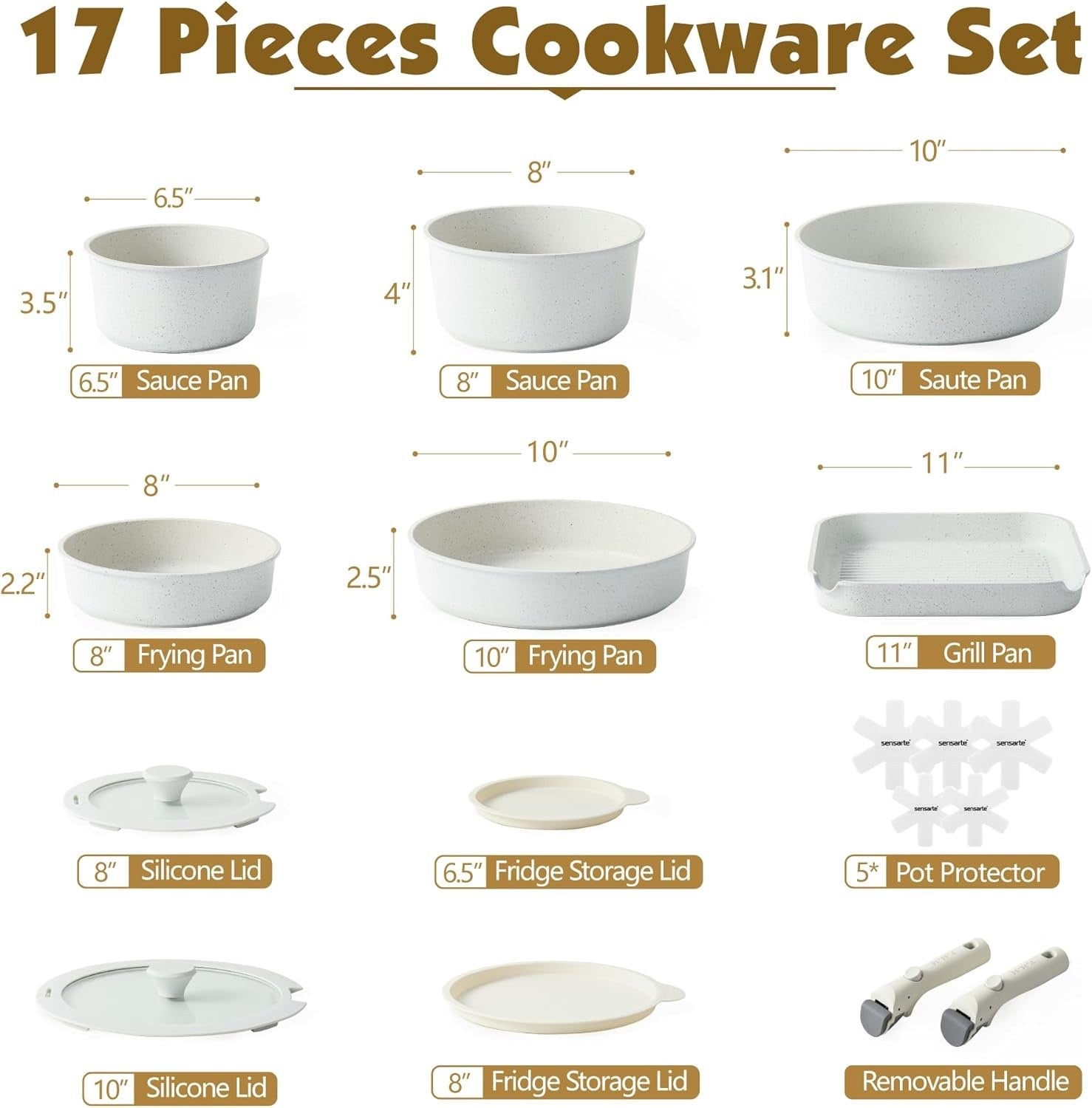 17pcs White Non Stick Cookware Set Detachable Handle Induction Oven Safe