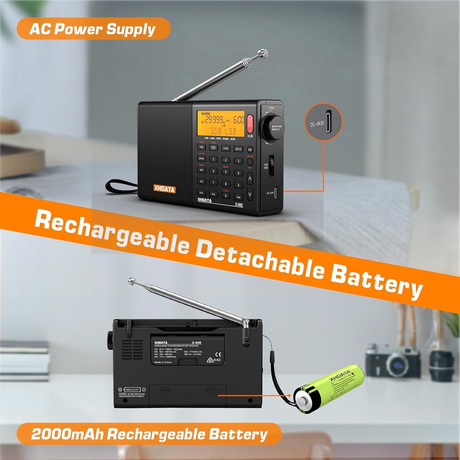 Portable Digital FM AM SW Radio SSB RDS Air Band Rechargeable Antenna