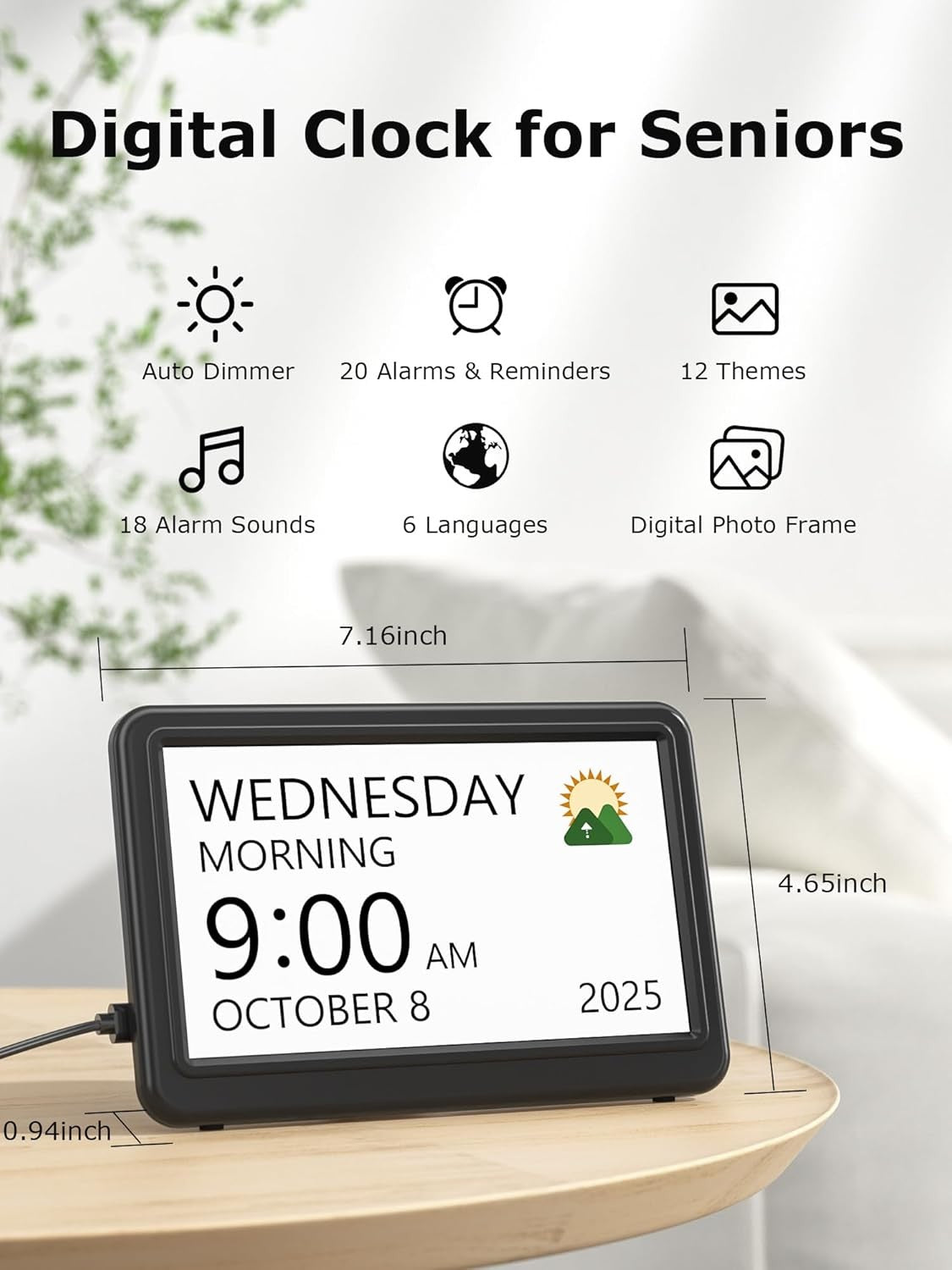 Large Dementia Calendar Clock Day Date Time Auto Dim Reminders Display