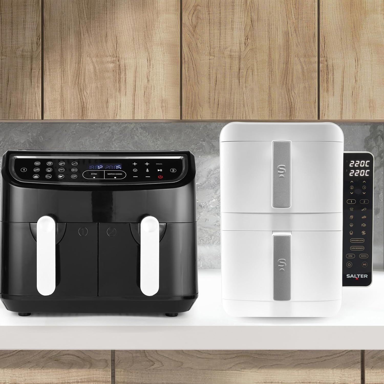 Vertical Dual Drawer Air Fryer 9L 9 Presets, 4-Level Cooking Sync/Match, 2400W