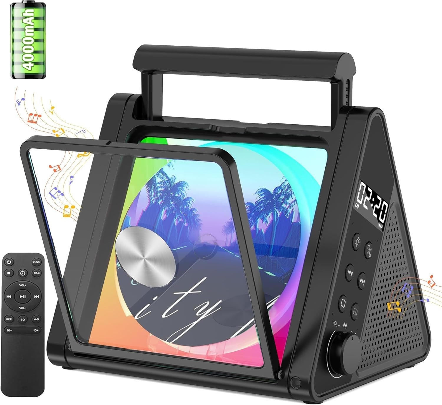 Portable Bluetooth CD Player 20W Stereo RGB Lights FM AUX USB