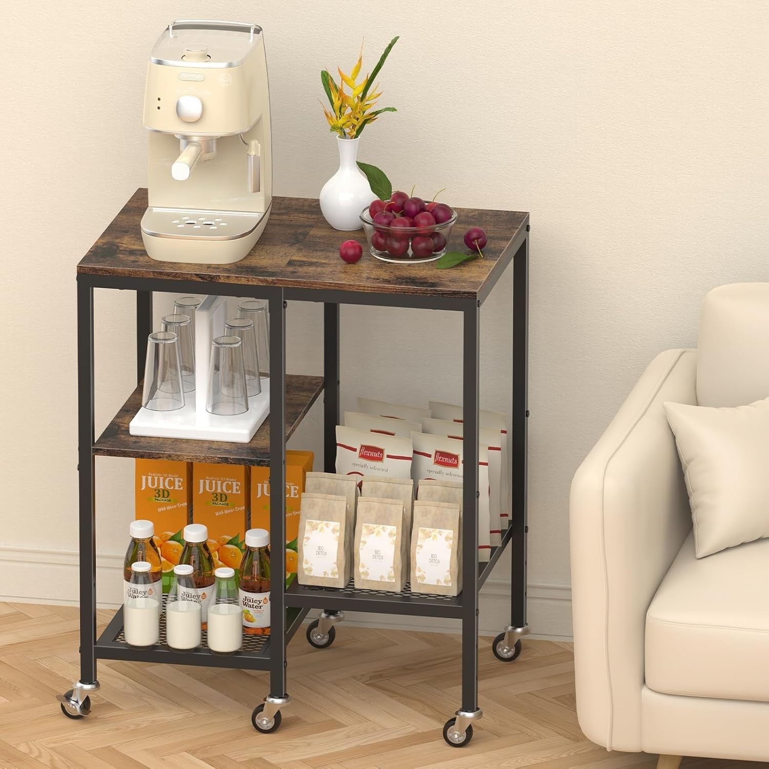 4 Tier Kitchen Storage Rack on Wheels Coffee Bar Baker’s Trolley Rustic