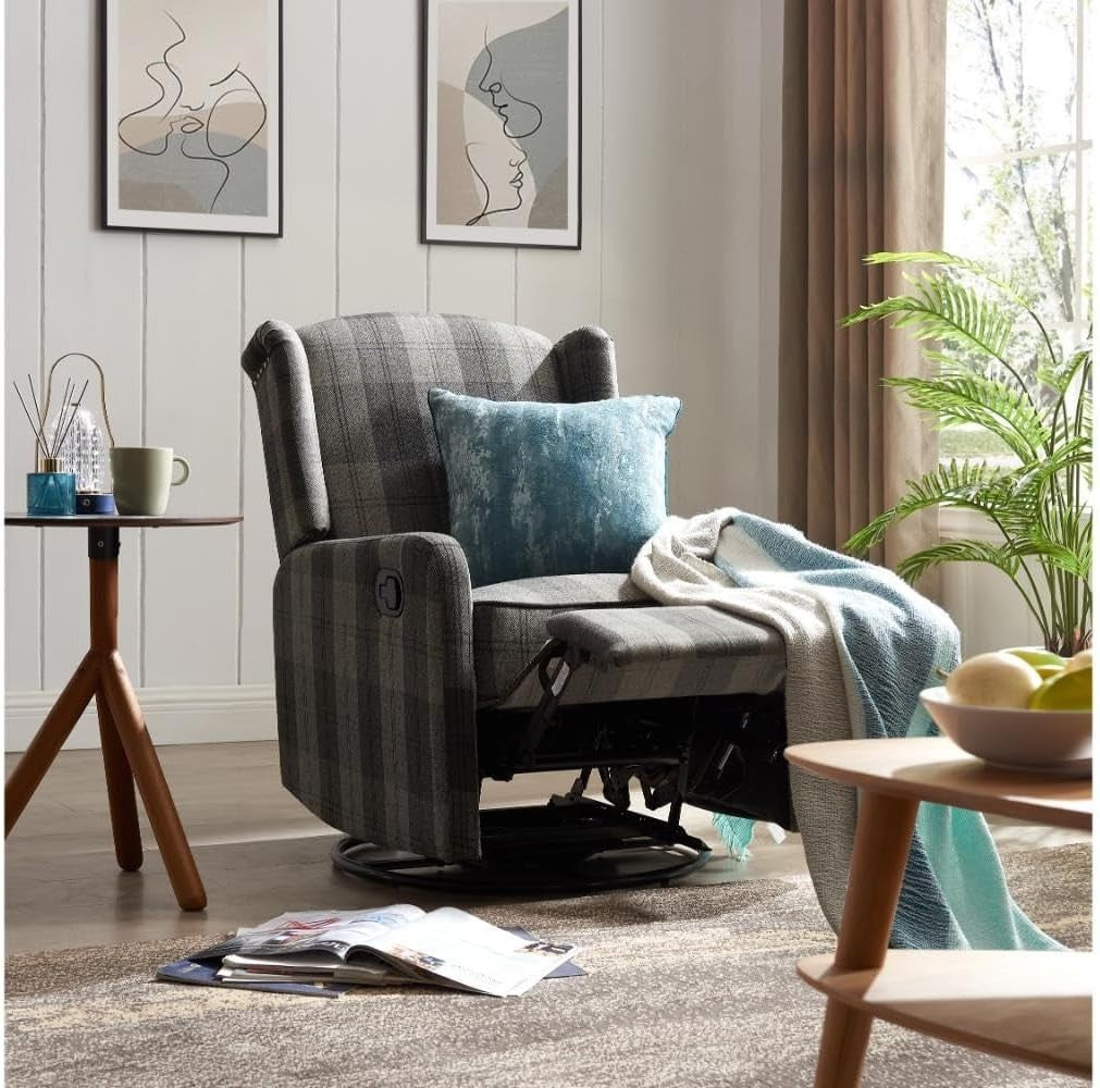 Grey Tartan Swivel Recliner Armchair Fabric Wing Back Chair Lounge Relax Seat
