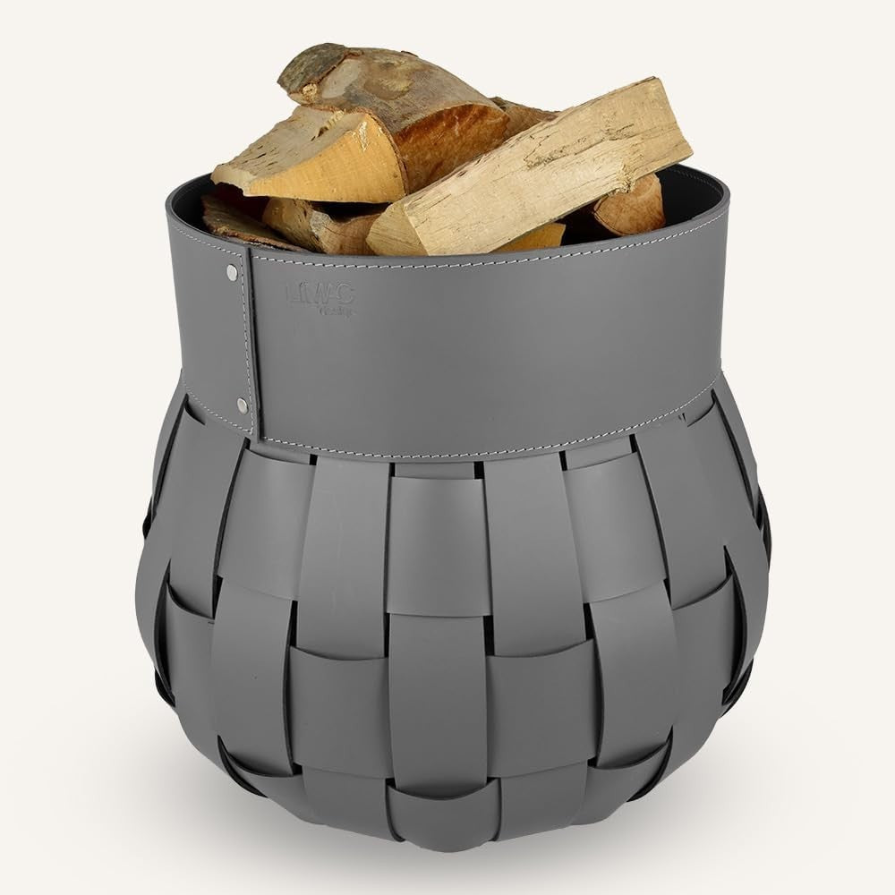 Grey Leather Firewood Basket with Wheels – Indoor Log Holder, 45x45x48 cm