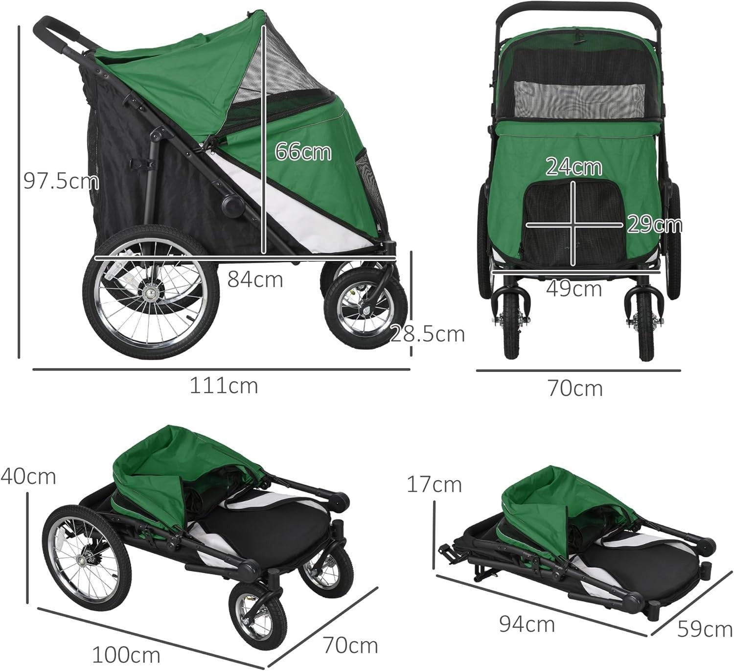 Large Dog Stroller Jogger Pushchair Foldable Heavy Duty Emerald Green