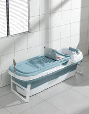 Large Foldable Adult Bathtub 158x62x52cm Blue Portable Spa Bath with Lid