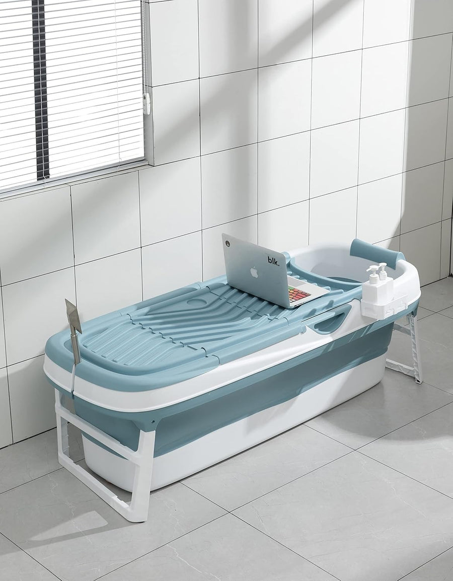 Large Foldable Adult Bathtub 158x62x52cm Blue Portable Spa Bath with Lid