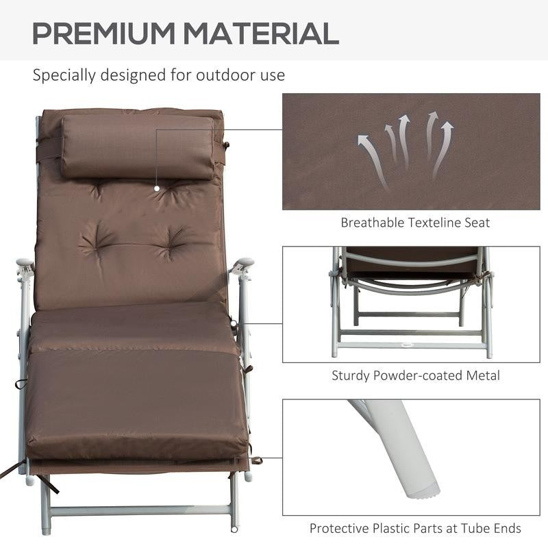 Reclining Padded Garden Lounger Folding Steel Frame Adjustable Brown