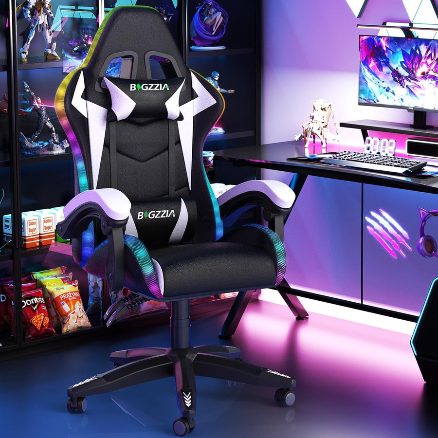 RGB LED Gaming Chair Reclining Ergonomic PU Leather Black