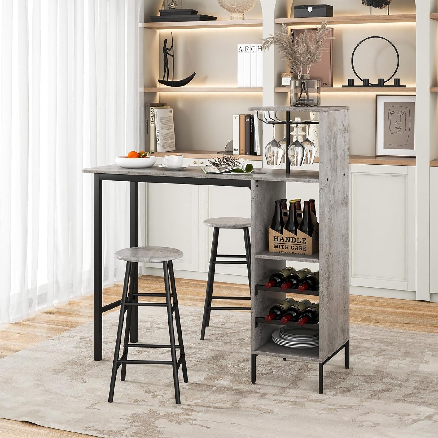 3-Piece Bar Table Set Wine Rack, Glass Holders & Shelves, Grey Industrial Dining