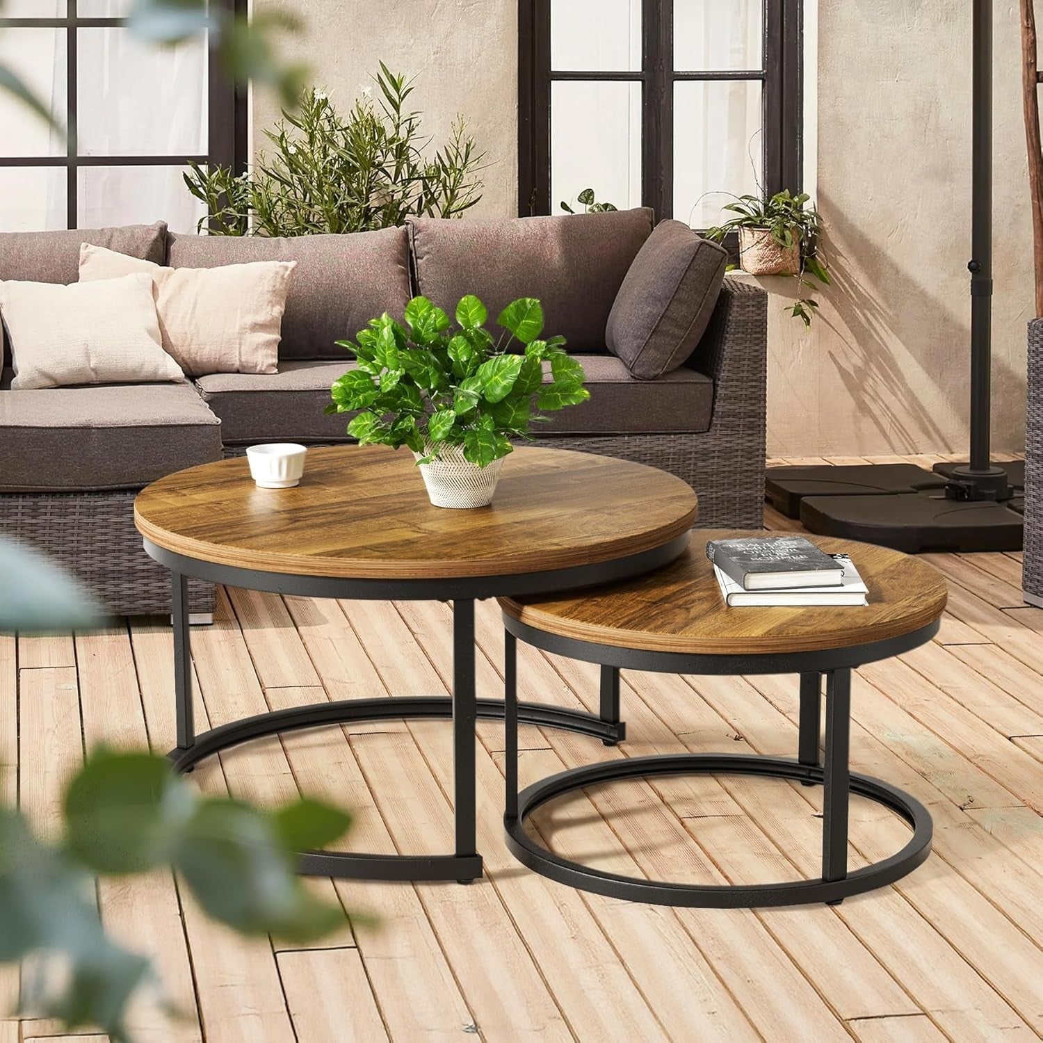 Nesting Coffee Table Set 2 Round Wood Metal Side Tables Living Room Brown