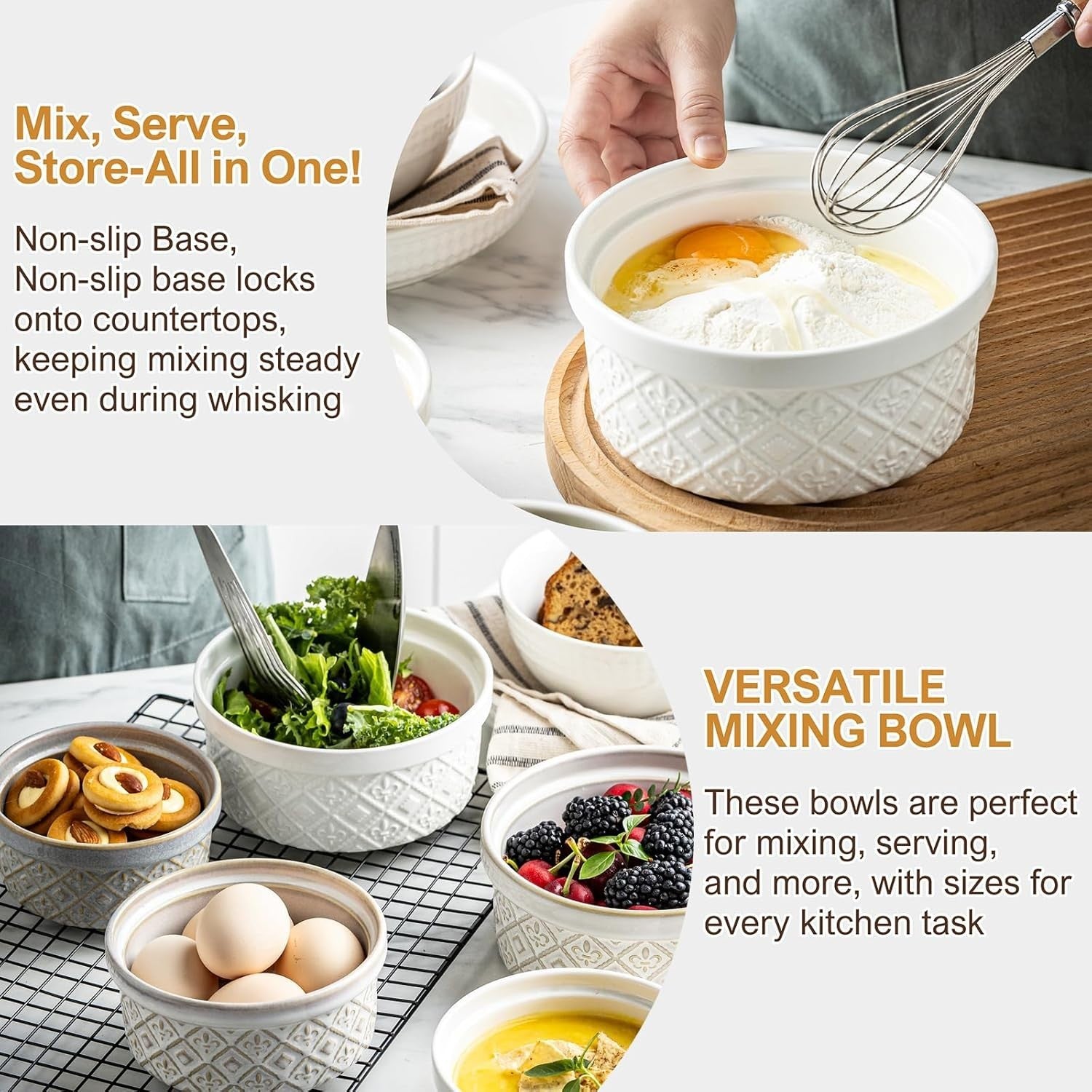 4-Piece White Ceramic Nesting Bowls 12-40oz Oven & Dishwasher Safe