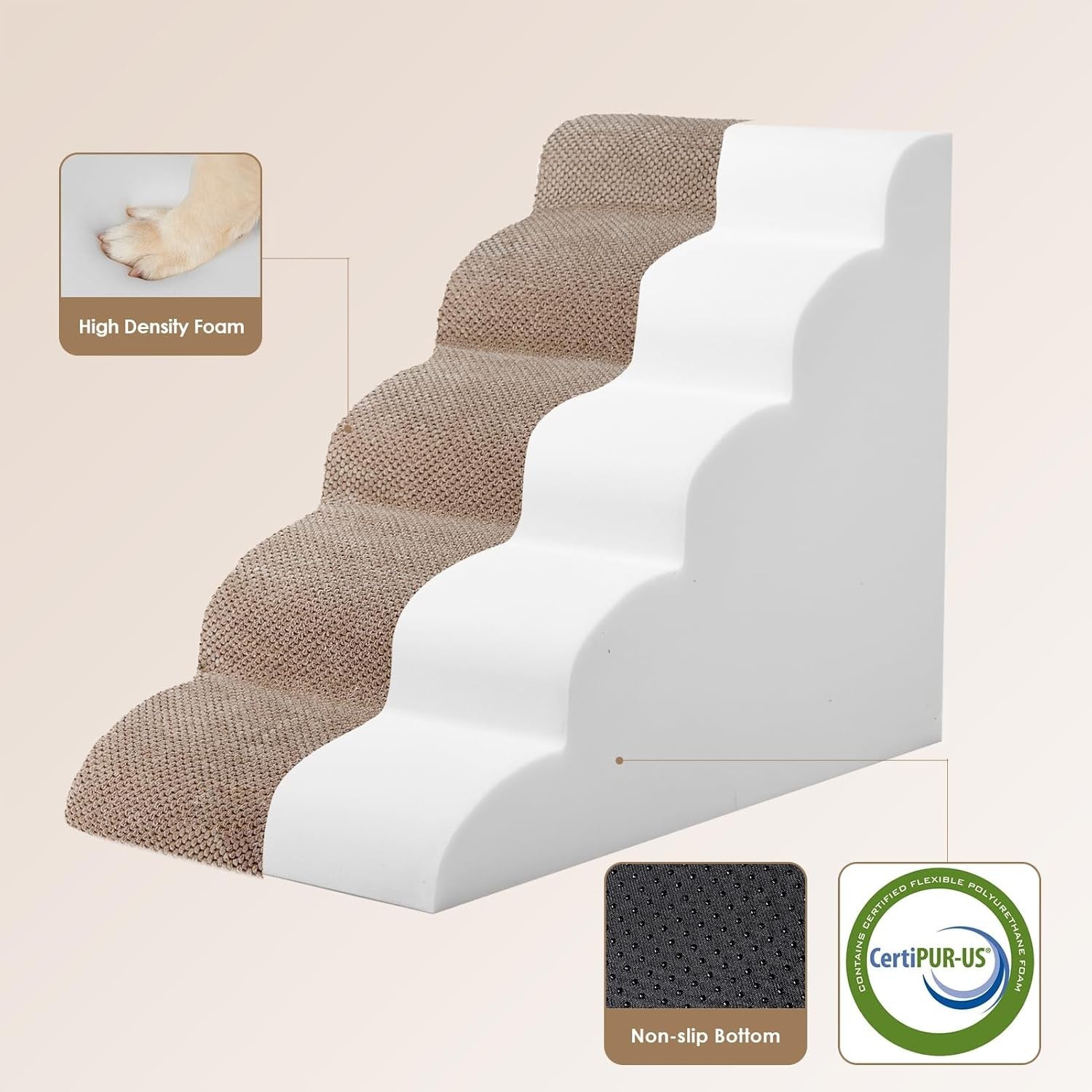 5 Step Dog Stairs for High Bed Non Slip Foam Pet Steps Washable Camel