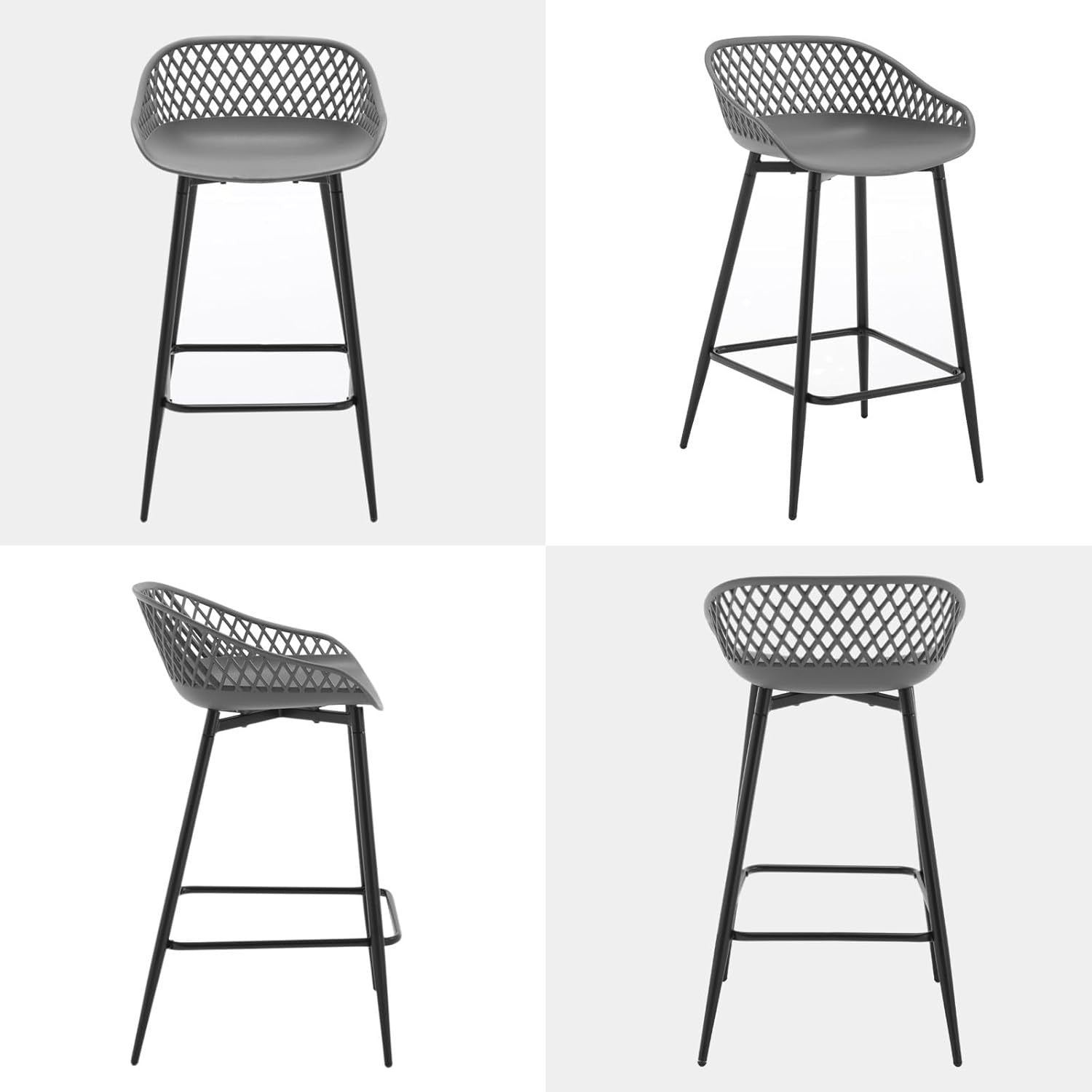 Grey PP Bar Stools Set of 2 with Backrest Footrest Kitchen Counter