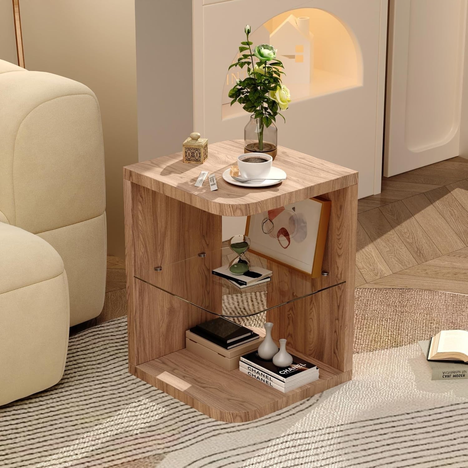 Wood & Glass Coffee Side Table with Storage – Modern End Table 40x40x55cm