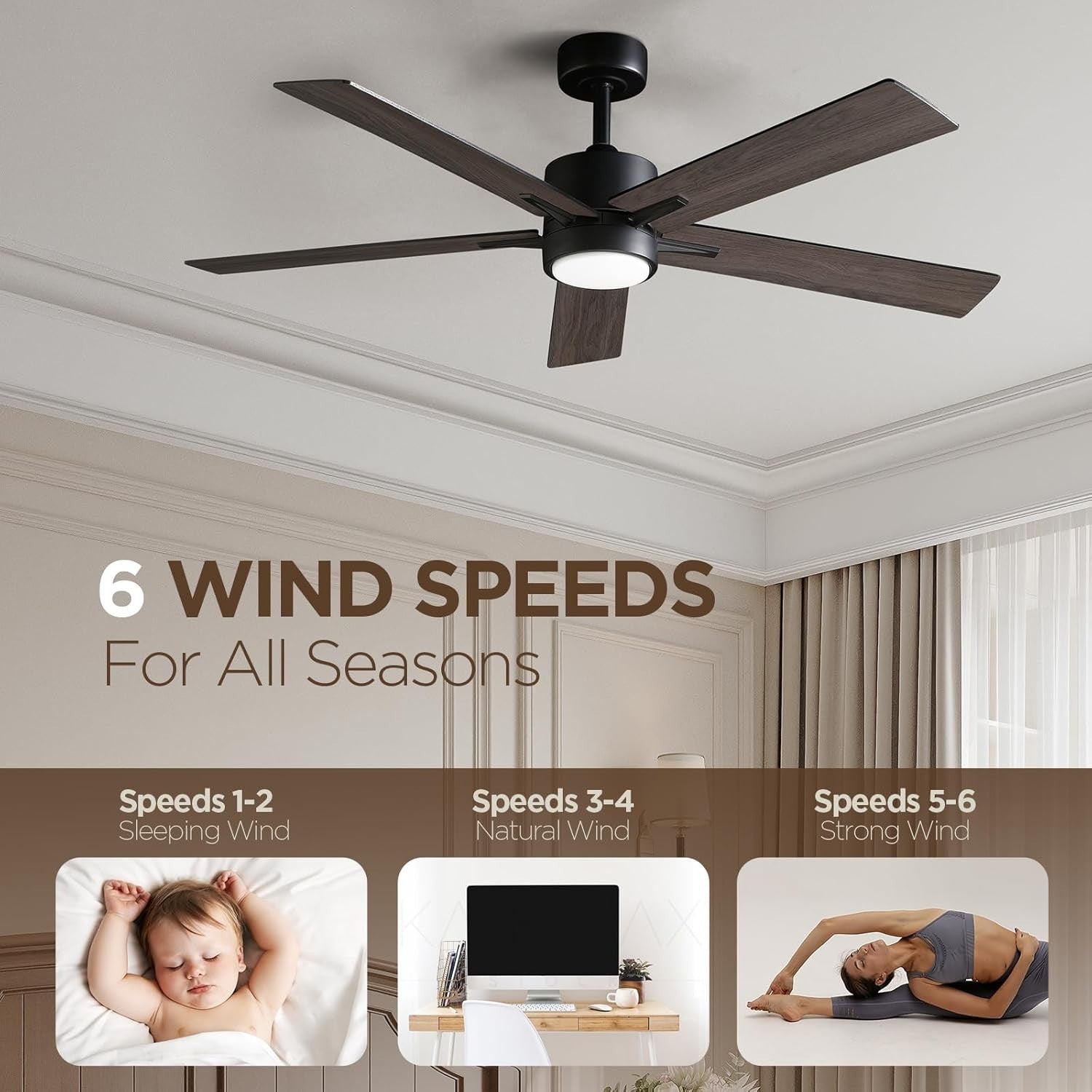 Vagizm 52" Silent Ceiling Fan with Dimmable Light, Remote, 5 Blades, Walnut
