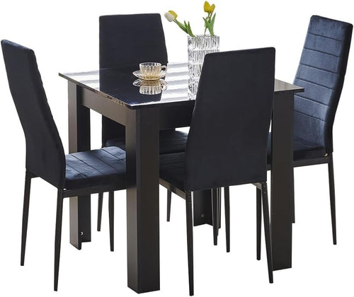 4 Chair Dining Table Set Velvet Black Space Saving Small Kitchen Home