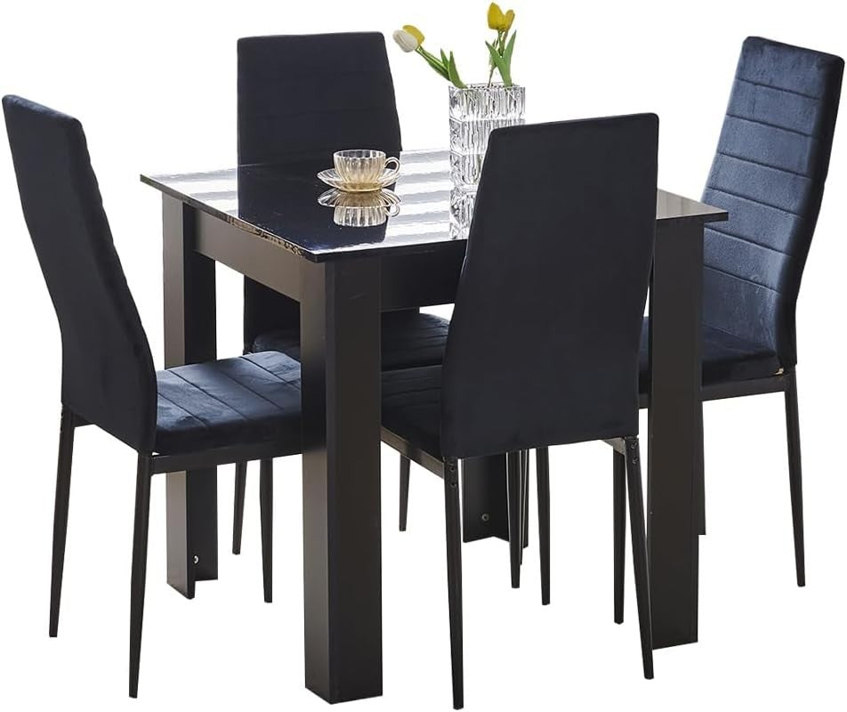 4 Chair Dining Table Set Velvet Black Space Saving Small Kitchen Home
