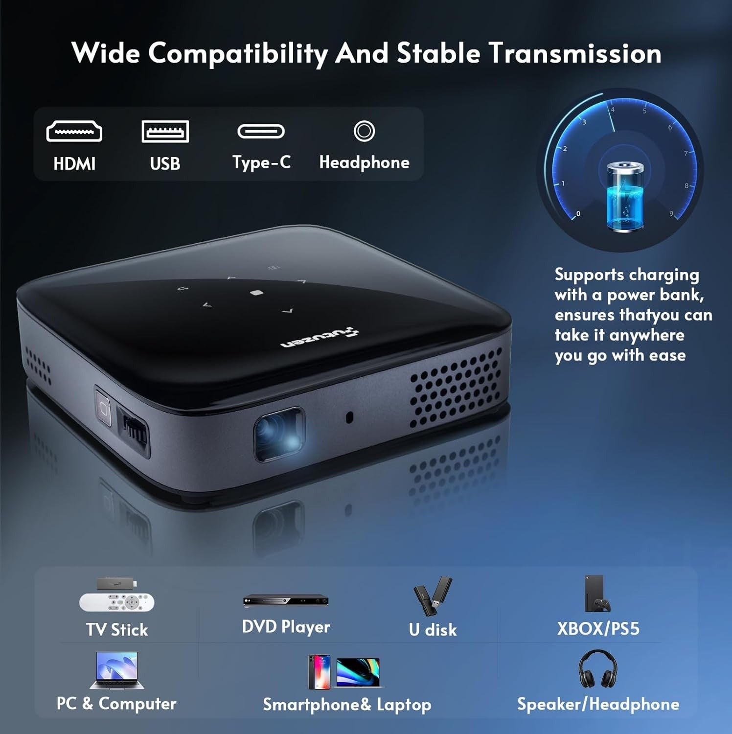 Pocket DLP Projector 4K Ready WiFi Bluetooth Battery Tripod Mini