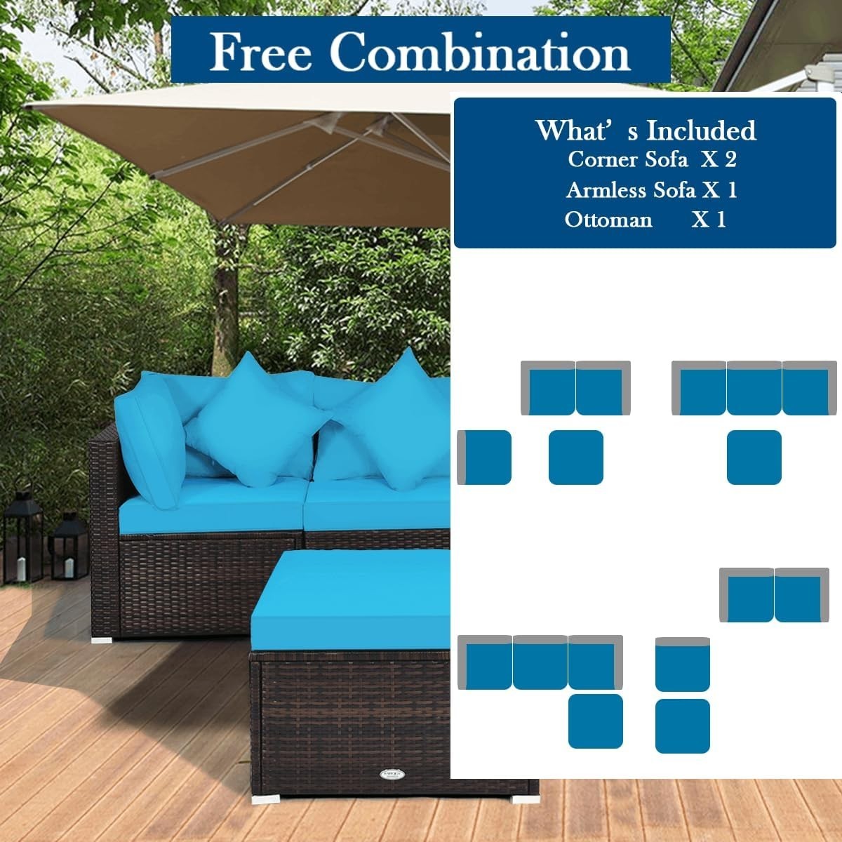 4PC Turquoise Rattan Garden Sofa Set Modular Patio Lounge Coffee Table
